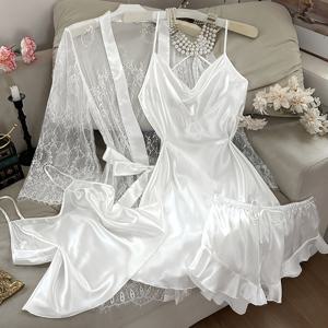 여성용 파자마 4종 세트: 레ース 장식 가운, 드레이프 칼라 나이트가운, 편안하고 우아한 캐미솔 반바지