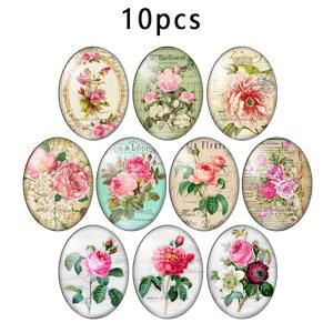2D 플랫 - 10개 18X25mm 빈티지 장미 꽃 아트 그림 타원형 사진 유리 카보숑 데모 플랫 백 제작 부자재, 목걸이, 키체인, 주얼리 제작에 이상적인 추가품