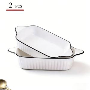 1L/1.1QT 주방 필수품 핸들 포함 피자 팬 - 34Oz 수직 텍스처 세라믹 베이킹 세트 (2/4개), 블랙 라인, 오븐 사용 가능, 케이서롤 파스타 디저트 베이킹용