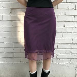 우아한 성격 보라색 레이스 트림 레이어드 바디콘 하프 스커트 여성 스타일 패션 섹시 슬림 메쉬 미디 드레스