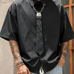 Preppy Style Men's Bla Casual Summer Lapel Cardigan Short-Sleeve T-Shirt with Tie, Suitable for , Commuting, Dates, Stylish Versatile Casual Shirt