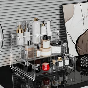 밍야 아크릴 서랍형 화장품 보관함, 라이트 럭셔리 금색 테두리 탁상용 정리함, 다단 칸막이 화장대 수납 선반, 대용량 립스틱, 메이크업 브러쉬, 주얼리 정리함, 침실 화장대 및 욕실 카운터탑용 뷰티 수납함, 절친을 위한 실용적인 선물, 가정용 수납을 위한 책상 및 서랍 정리함