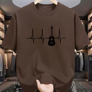 음악 심박수! 기타 ECG 디자인의 창의적인 프린트 티셔츠 - 남성용 캐주얼 셔츠, 통기성 좋은 폴리에스터, 라운드넥, 반팔 - 봄/여름 스트리트웨어 및 휴가철 편안함에 적합