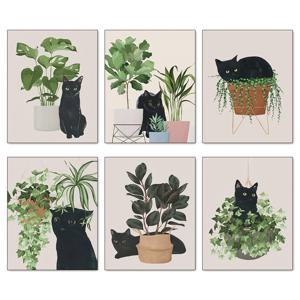 2D 플랫, 2D 플랫, 스타일의 녹색 잎 디자인을 특징으로 하는 6개의 매력적인 검은 고양이 식물 포스터 컬렉션. 집 또는 사무실 장식을 위한 미적 감각을 더하는 데 완벽합니다.