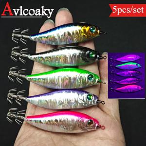AVLCOAKY 수직형 오징어 징 이기 루어 5개 세트 - 멀티 컬러 레이저 슬로우 폴, 에기 낚시용, 바닷물/민물 겸용, 참치, 고등어, 게임피쉬용 코팅 오징어 미끼
