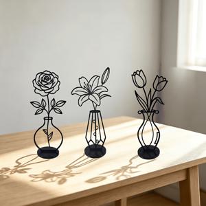2D 평면, 3개 창의적인 독특한 모양의 속이 빈 플로럴 플라스틱 장식 세트 장미/백합/튜립 라인 조각, 거실 홈 데스크탑 아트 장식