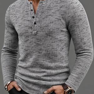 남성 패션 상의, 가을/겨울 아웃도어 캐주얼 통기성 대나무 레이온 매듭 니트 원단, 라운드 넥 싱글 브레스티드 버튼 긴팔 남성 헨리 셔츠, 스마트 캐주얼