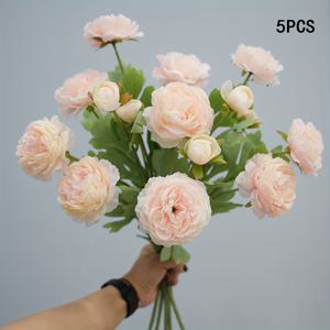 인조 라눈쿨루스 꽃 5개 세트, 모조 모란, 웨딩 센터피스, 플로럴 어레인지먼트 및 가정 또는 사무실 장식에 적합
