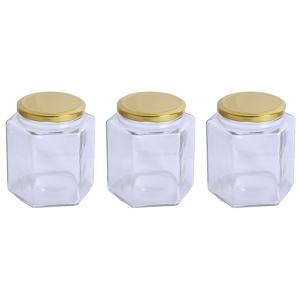 [크리스마스 특별판] [고가성비] 3개입 500ml 육각 꿀 유리병, 꿀, 잼, 간장, 식품, 버터, 향신료 보관에 적합. 페이스트리, 곡물 보관, 높은 투명도, 좋은 밀봉, 금색 병뚜껑, 아름답고 분위기 있는 디자인