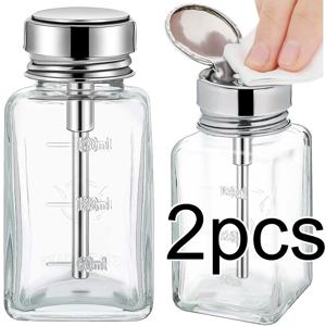 투명 유리 펌프병 60oz/180ml 2개 세트, 액체 분배용으로 특별 설계, 정사각형 디자인, 매니큐어 리무버 보관에 이상적, 재충전 가능한 푸시다운 메커니즘 및 플립탑 캡 포함