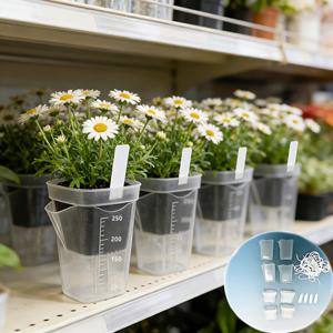 (흰색 눈금 컵 4개, 줄 흡착식 화분 4개, 흡수성 줄 4개, 식물 이름표 4개), 투명 미니 자동 물주기 화분 (수위 표시 및 배수 구멍 포함) - 실내외 소형 화분에 적합