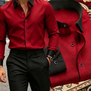 남성용 신상 사계절 피부 친화적 편안한 긴팔 셔츠, 대비 색상 칼라와 커프스, 메탈 단추 비즈니스 캐주얼 셔츠, 비즈니스 모임, 파티, 결혼식 및 다양한 행사에 적합, 가을 남성 의류