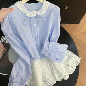 여성용 빈티지 피터팬 칼라 블라우스, 타이 넥 랜턴 슬리브 페플럼 밑단 셔츠