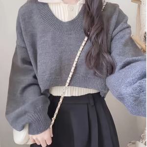 숏 스타일 패셔너블 여성용 신상 봄/가을 스웨터 풀오버 2개 세트, 대학생 스타일 상의, 심플 상의, 휴일 선물, 80-125진 부근 체중에 적합