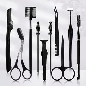 10pcs 눈썹 정리 세트, 눈썹 가위, 핀셋, 눈썹 면도기, 스틸 빗, 가위, 스테인리스 스틸 눈썹 가위, 스크래치 방지 디자인의 블레이드 쉐이버 포함. 초보자에게 적합한 메이크업 키트 및 뷰티 도구
