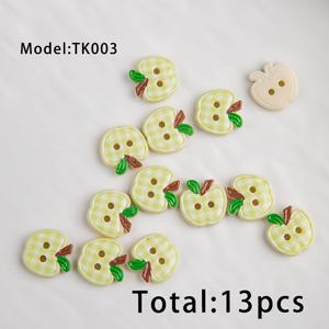 KT003 애플 그린 체크무늬 리틀 애플 13개 세트, 전원풍 라이트 체크무늬 그린 애플 장식 단추, 만화 과일 이穴단추, 의류 니트웨어 멜빵 스커트 수제 DIY 액세서리