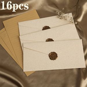 16개 세트, 봉투 3개, 왁스 실 3개, 레터헤드 10장, 두꺼운 리넨 봉투 레터헤드 세트, 빈티지 스타일 초대장, 비즈니스 메일, 생일 축하, 8.66 x 4.33 인치