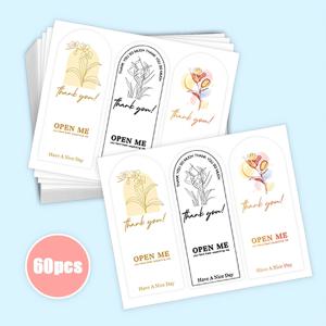 60개 감사 스티커 - 플로럴 장식 라벨, 선물 태그 스티커, 대형 및 소형 사업체 포장, 선물 상자 장식