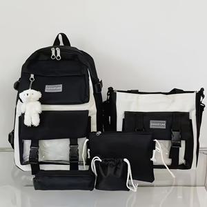 블랙 앤 화이트 대비 5pcs 백팩 세트, 리틀 베어 펜던트 포함, 다기능 캠퍼스 백 및 통근 가방