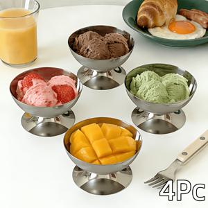 스테인리스 스틸 디저트 글라스 4개 세트, 150ml 미러 폴리시 선데이 컵, 푸딩, 무스, 과일 샐러드용 우아한 스템웨어 볼, 식기세척기 사용 가능, 레스토랑, 호텔, 가정 파티용, 은색