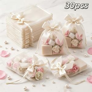 30개입 10 X 15Cm/3.94In X 5.91In 오프화이트, 스카이 블루, 골드, 핑크 새틴 리본 보우 오간자 선물 가방, 핑크 메시 드로스트링 가방, 우아한 주얼리 포장 가방, 웨딩 답례품, 베이비 샤워, 신부 들러리 선물, 생일 파티에 적합