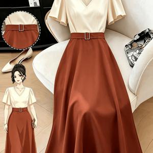봄 여름 신상 컬러 블록 디자인 V넥 플리츠 소매 장식 버클 허리 끈 A라인 스커트 롱 드레스, 우아한 캐주얼 드레스, 휴가 일상 사무실 다용도 드레스