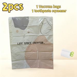 2개 세트 대형 펌프 없는 진공 백 및 치약 짜는기, 흡입 펌프 없는 진공 보관 백, 3D 입체 펌프 없는 진공 압축 백, 재사용 가능한 의류, 침대 담요 및 여행용 진공 백