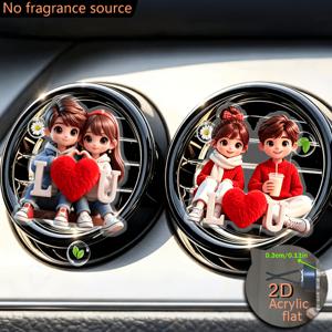 2D 평면, 달콤한 커플 패턴 2D 평면 아크릴 장식용 차량용 방향제 클립 2개 세트, 