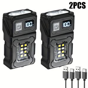 휴대용 손전등 2개 팩, 충전식 LED 토치 (자석 베이스 포함), 90° 회전 헤드, COB 사이드 램프, IP44, LCD 전원 디스플레이, 7가지 조명 모드, 포켓 클립, Type-C 충전 (일상 휴대, 가정, 전기 차단, 독서용)