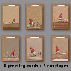 12개 크리스마스 카드 세트 (봉투 포함) - 빨간 모자 엘프 gnome - 귀여운 엘프와 눈꽃 겨울 카드, 친구, 가족, 선생님에게 적합 - 빈 메시지 크리스마스 카드, 크리스마스 인사말 필기지, 크리스마스 문구류, 크리스마스 테이프