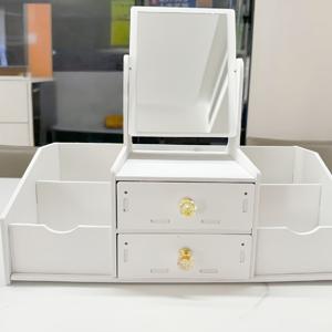 정사각형 거울과 서랍이 있는 단층 화이트 화장품 보관함, 360° 회전 화장품 수납함, 방진 PVC 용기, 제품 및 보석류용, Po 미포함