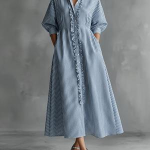 가을 초가을 트렌디 신상 여성용 라펠 V넥 풀 프린트 미디 기장 소매 원피스, 허리 포켓 및 러플 디자인, 여성 패셔너블 우아한 캐주얼 스타일 원피스