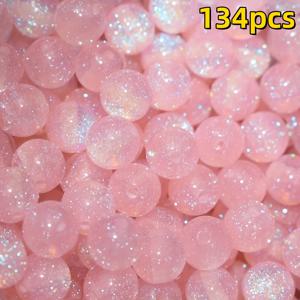 DIY 주얼리 제작용 10mm 핑크 글리터 수지 구슬 134개/67개 - 무지갯빛 반짝임, 팔찌, 목걸이, 휴대폰 고리용, 공예용 구슬 용품, 크리스마스 선물, 어머니의 날 선물용