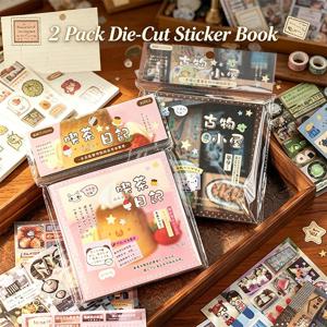 2권 세트, 행복 저널 전사 스티커 북, 일본 레트로 스타일 핸드메이드 가차 소재 종이, 미니 카와이 소재 스티커, 핸드북, 노트북 장식, 휴대폰 장식 등에 적합