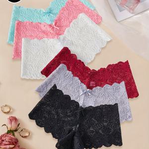 6pcs 플로럴 레이스 끈 팬티, 통기성 & 편안한 스캘럽 트림 여성 속옷