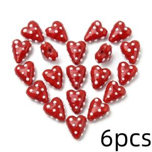 핸드메이드 램프워크 유리 구슬 6개 - 생생한 레드 색상과 3D 화이트 폴카 도트 하트 모양, DIY 주얼리 제작에 적합, Y2K 스위트 스타일 팔찌, 목걸이용 공예 구슬, 전문가용 유리 비딩용