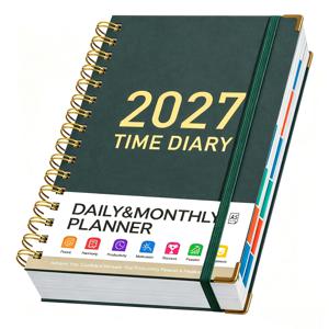 2027 A5 스파이럴 바인드 데일리 플래너 노트북, 라이트 럭셔리 골드 엣지 강화 코너, 풀 데일리 페이지 스케줄 레코드 북, 효율적인 시간 관리 도구, 사무실 가정 학생 범용 연도 캘린더 계획 저널