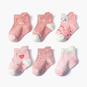 6켤레 여아 양말 만화 꽃 하트 패턴 미끄럼 방지 플로어 삭스 아기 유아용 사계절