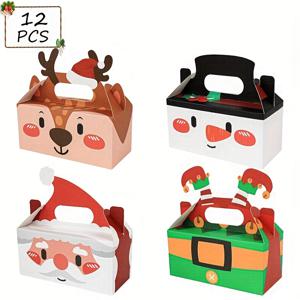 손잡이가 있는 12개 크리스마스 파티 선물 상자, 귀여운 만화 산타 순록 엘프 눈사람 종이 선물 상자, 크리스마스 휴일 간식 상자, 파티 장식, 선물 포장, 교실 파티 용품