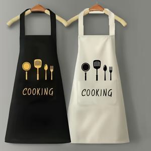 주방용품 주머니 포함 요리 앞치마 2개, 손세탁 가능, 주방 및 레스토랑 전용 디자인, 블랙 또는 화이트 색상, 셰프모자 및 수저 패턴 포함