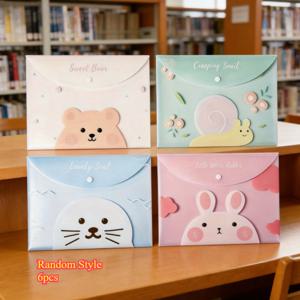 랜덤 색상 파일 가방 6개, 귀여운 만화 스냅 단추 PVC 폴더, 필통, 사무용 서류 홀더, 학생용 문구 파우치