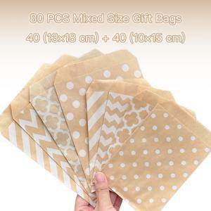 80개입 플랫 종이 선물 가방 세트, 13X18cm 40개 및 10X15cm 40개, 혼합 웨이브 플로럴 및 물방울 무늬 디자인, 파티 답례품, 휴일, 결혼식, 생일, 이벤트 포장 및 장식 포장용 손잡이 없는 종이 파우치