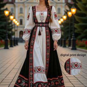 에스닉 스타일 스퀘어넥 퍼프 슬리브 신치 블랙 앤 화이트 컬러 블록 플레어 엑조틱 레트로 롱 스커트