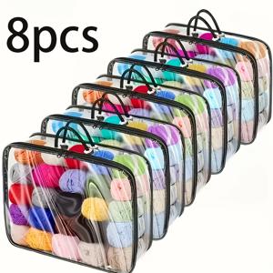 8개 투명 의류 보관 백 세트, PVC 재질 보관 상자 (강화 핸들 디자인), 침구, 담요, 매트리스 보호대 보관에 적합 - 뜨개질 털실 공 장식 보관