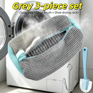 3pcs 재사용 가능 신발 청소 백 세트 (신발 가방, 신발 건조대, 신발 브러쉬) - 360° 전면 청소 커버리지 제공, 초극세사 양모 소재 - 얼룩 제거 빠름 - 운동화, 캐주얼화에 적합