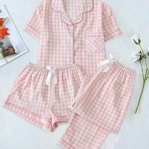 Elegant Women's Ideal Cheered Print 3pcs Pajama Set with Short Sleeve, Shorts, Long Pants, Lapel Collar, Cherry Print, and Bow Tie, Loungewear Set
