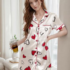 2601eu 여성용 하트와 레터링 프린트 카라 인조 반팔 원피스, 캐주얼 잠옷 원피스, 봄 여름용 홈웨어