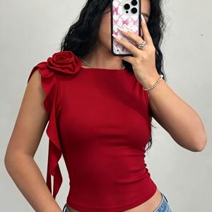 1 우아한 핑크 장미 장식 비대칭 숄더 스트랩 조끼 | 단색, 크루넥, 봄/여름/가을에 이상적