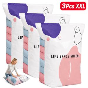 3개 펌프 없는 압축 보관 백, 재사용 가능한 진공 불필요 공간 절약 백 (옷, 이불, 퀼트 & 침구용), 에어 밸브가 있는 압축식 여행용 정리함, 4가지 사이즈, 기숙사 방, 펌프 불필요