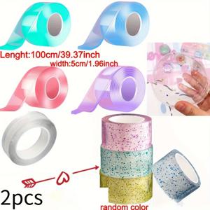 랜덤 색상 시리즈, 대형 사이즈, 2롤, 폭 1.97인치, 길이 39.37인치, 반짝이는 투명 나노 양면 테이프, 재사용 가능, 강력 접착, 가정, 사무실 및 교실에 적합